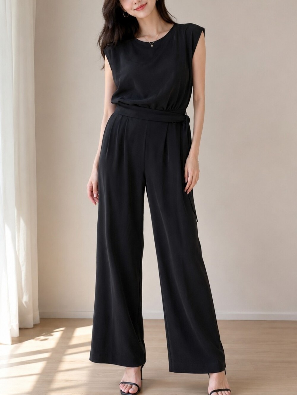 Eliza J Black Cap-Sleeve Wide-Leg Jumpsuit with Waist Sash Size 10